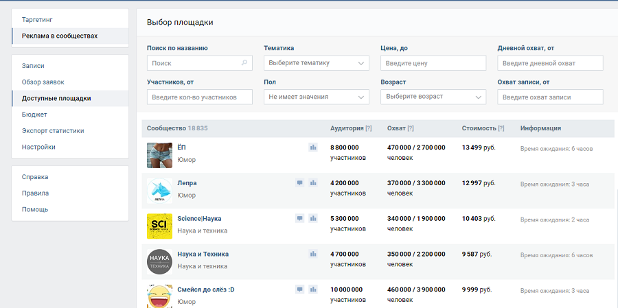 Интерфейс биржи рекламы в сообществах «Вконтакте»